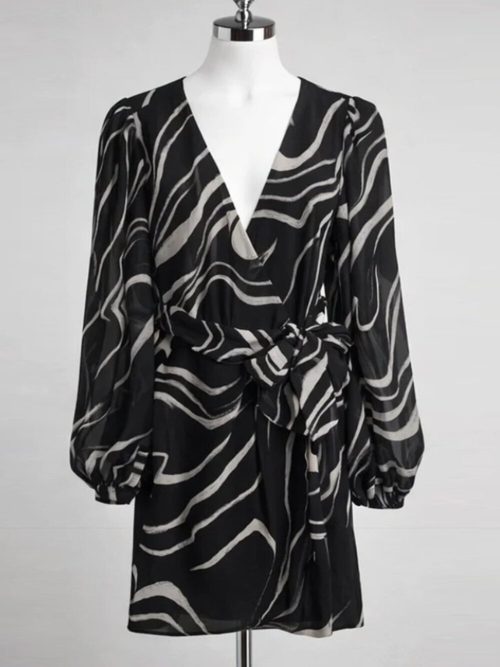 Dynamite Black Grey Abstract Sheer Sleeve Mini Dress - Picture 2 of 11